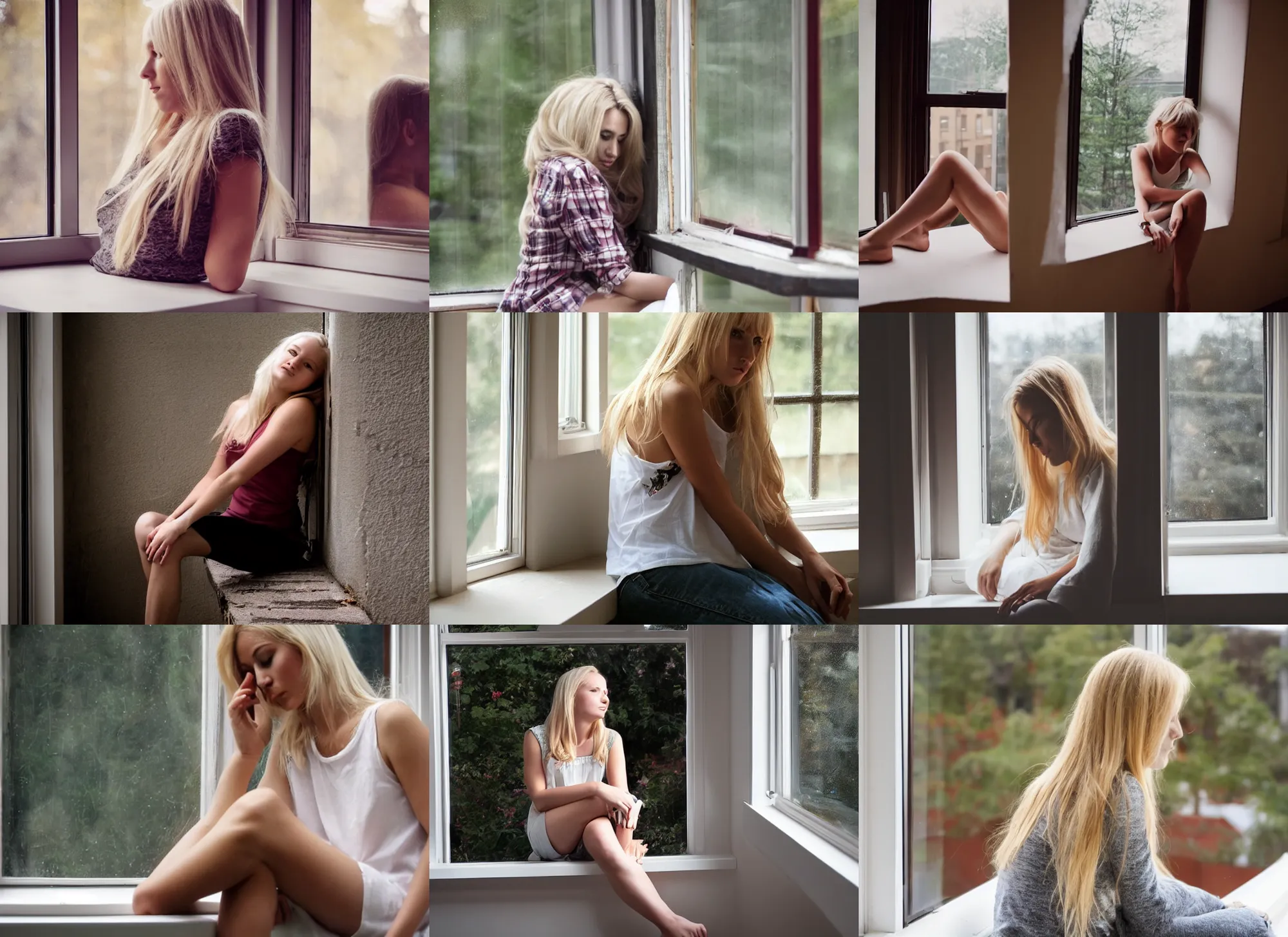 Prompt: blonde girl sits on the windowsill and dreams of a man