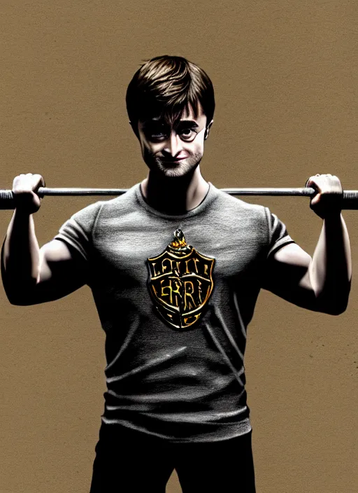 Image similar to a highly detailed full body portrait of Daniel Radcliffe as Harry Potter doing barbell back squats, wearing a muscle tee shirt, intricate detail, digital painting, old english, raining, sepia, particles floating, gym background by marc simonetti, artwork by ross tran + ramond swanland + liam wong, concept art, smooth, sharp focus, illustration, cinematic lighting