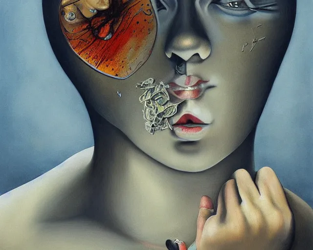 Prompt: squalid realization of self, an ultrafine detailed painting by rafal olbinski, behance contest winner, pop surrealism, detailed painting, very detailed, minimalist, skeuomorphic, airbrush art