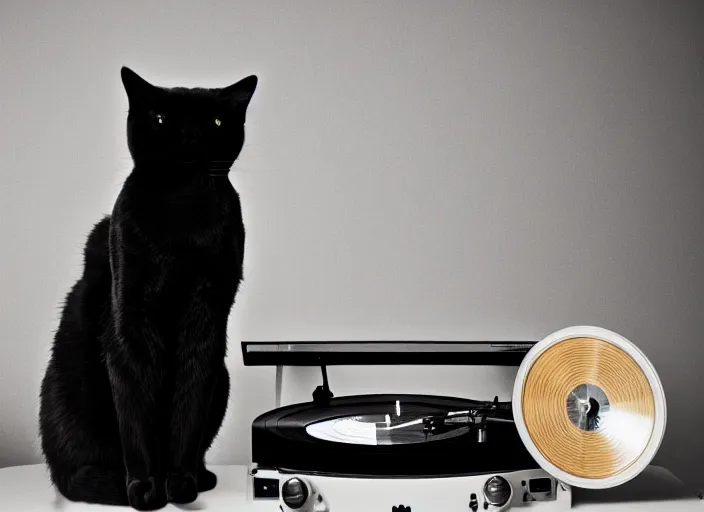 Image similar to photography of a Cat sitting on a record player. in a room full of posters, photorealistic, raining award winning photo, 100mm, sharp, high res