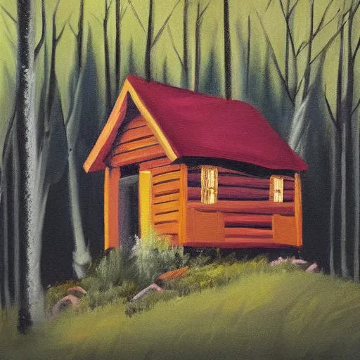 Image similar to a painting of a Eerie cabin in the middle of the woods in the style of minimalism