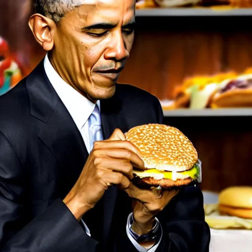 Prompt: Barack Obama eating a cheeseburger, photo realistic, award-winning, highly-detailed, epic, cinematic, dramatic