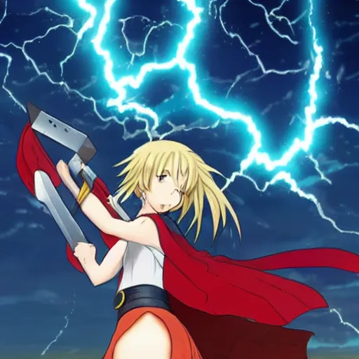 Prompt: anime girl wielding thor's hammer with lightning striking