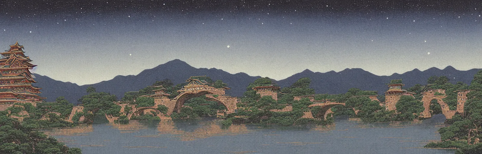 Image similar to landscape painting of multiple large interconnected castles,moat,bridge,mountains,digital art,night sky,by Paul Bril and Kawase Hasui masterpiece,high quality,pretty,fantasy,impossible