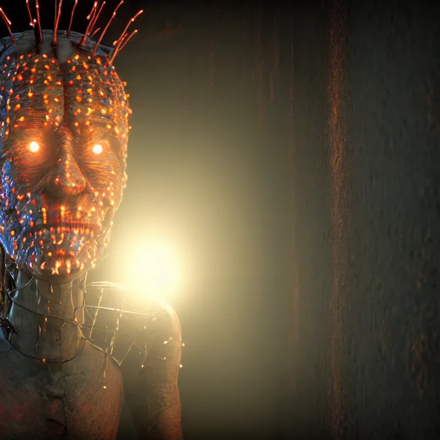 Image similar to pinhead, 8 k ultra realistic, lens flare, atmosphere, glow, detailed, intricate, full of colour, led lighting, 4 k, hyperrealistic, focused, extreme details, unreal engine 5, masterpiece