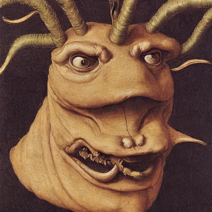 Prompt: close up portrait of an overdressed mutant monster creature with snout, horns, insect wings, unibrow, piercing eyes, toxic smile. jan van eyck, audubon