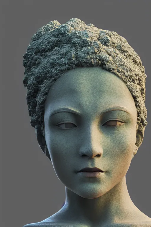 Prompt: giant stone statue of a goddess head, mossy stone, deep jungle, octane render, unreal engine, trending on artstation, ultra detailed, realistic, cinematic lighting, astmopheric, 8 k