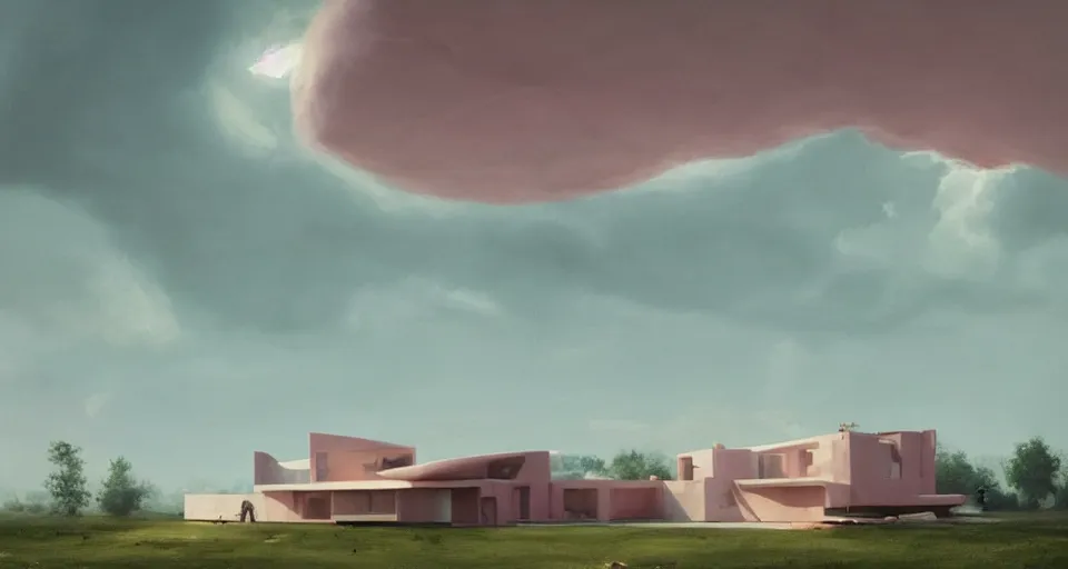 Image similar to modernist house in the shape of a hamburger, light pink clouds, dramatic lighting, artstation, matte painting, raphael lacoste, simon stalenhag, frank lloyd wright, zaha hadid