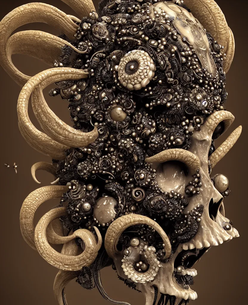 Image similar to goddess princess face close-up portrait ram skull. sculpture made of black clay and gold. jellyfish phoenix head, nautilus, orchid, skull, betta fish, bioluminiscent creatures, intricate artwork by Tooth Wu and wlop and beeple. octane render, trending on artstation, greg rutkowski very coherent symmetrical artwork. cinematic, hyper realism, high detail, octane render, 8k