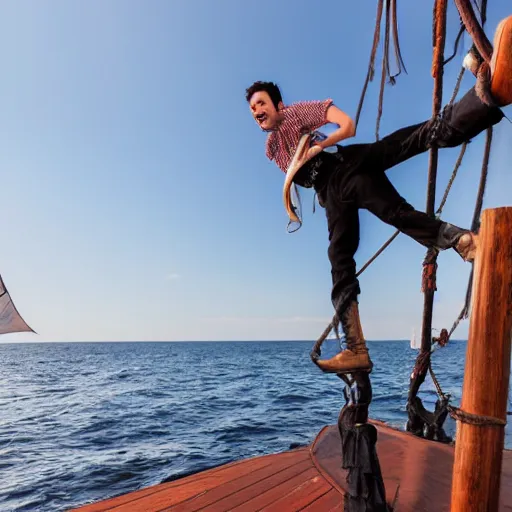 Image similar to a young man jumping on a pirate ship