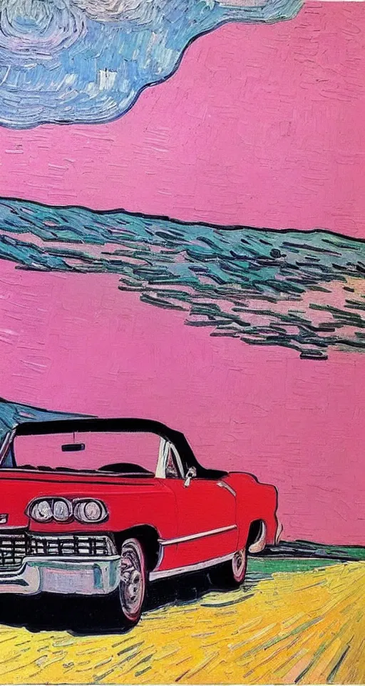 Image similar to painting of 1 9 6 3 red cadillac convertible driving down an empty highway into a pink sunset, aesthetic, minimalist, realistic, surreal, by vincent van gogh