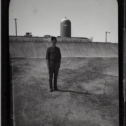 Prompt: san francisco, strawberry hill, post - nuclear city in background, man standing in front of bunker door, tintype photograph