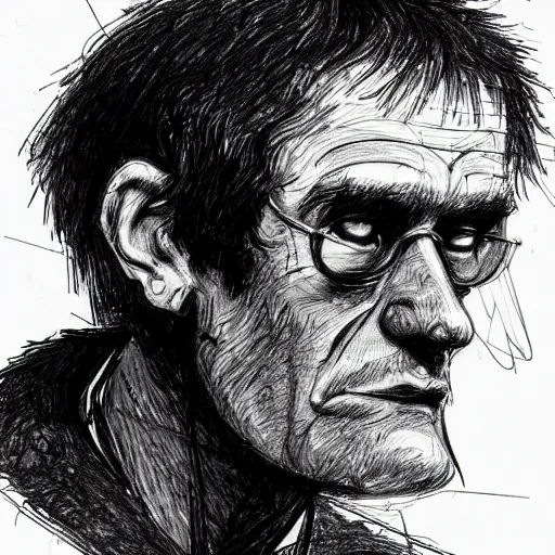 Image similar to a realistic yet scraggly portrait sketch of the side profile of a stern and sophisticated murdoc niccals, trending on artstation, intricate details, in the style of frank auerbach, in the style of sergio aragones, in the style of martin ansin, in the style of david aja, in the style of mattias adolfsson