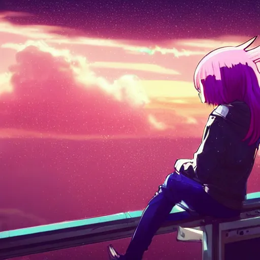 Prompt: android mechanical cyborg anime girl child overlooking overcrowded urban dystopia sitting. Pastel pink clouds baby blue sky. Gigantic future city. Raining. Makoto Shinkai. Wide angle. Distant shot. Purple sunset. Sunset ocean reflection. Pink hair. Pink and white hoodie. Cyberpunk. nebula sky.