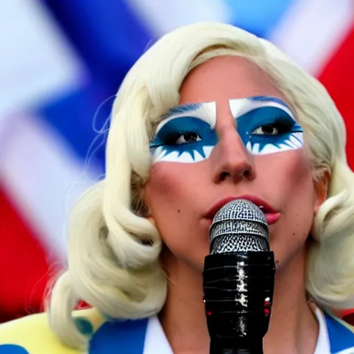 Image similar to Lady Gaga as president, Argentina presidential rally, Argentine flags behind, bokeh, giving a speech, detailed face, Argentina