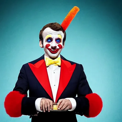 Image similar to emmanuel macron as a clown in a circus, full body shot, highly - detailed, sharp focus, award - winning