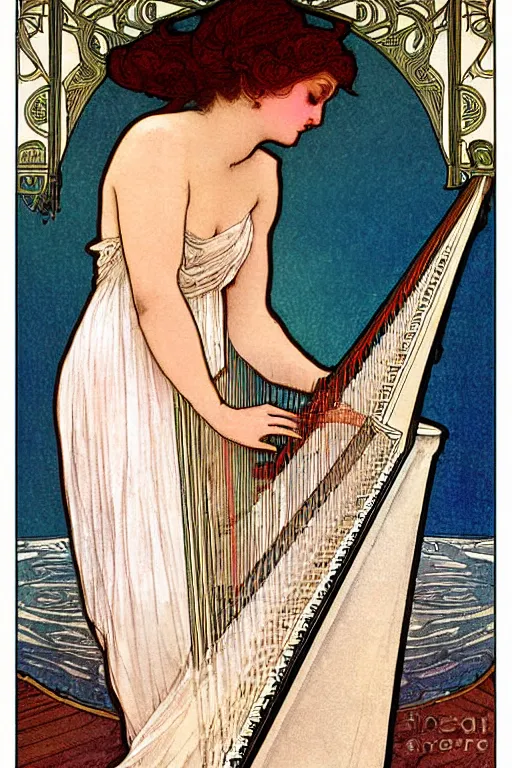 Prompt: beautiful mystical digital painting girl playing a harp wearing a long white dress over a wavy ocean by mucha tarot card vivid