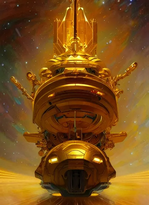 Image similar to Giant golden space cruiser in space , diffuse lighting, fantasy, intricate, elegant, highly detailed, lifelike, photorealistic, digital painting, artstation, illustration, concept art, smooth, sharp focus, art by John Collier and Albert Aublet and Krenz Cushart and Artem Demura and Alphonse Mucha