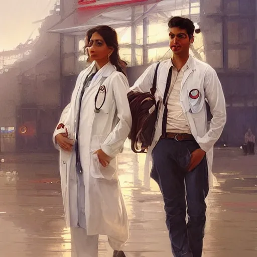 Image similar to Anxious good looking pale young Indian doctors wearing American clothes at the airport, portrait, elegant, intricate, digital painting, artstation, concept art, smooth, sharp focus, illustration, art by artgerm and greg rutkowski and alphonse mucha