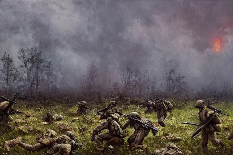 Image similar to chaotic battlefield, multiple soldiers!, thick dark smoke!, vehicles on fire, heavy rain from thick clouds, storm, overgrowth, forest, (mushroom cloud) in the background, bleak, melancholy atmosphere, band of brothers, bf1942, 4k impressionism painting by Gregory Crewdson and Grzegorz Domaradzki and Ivan Shishkin and Jakub Rozalski