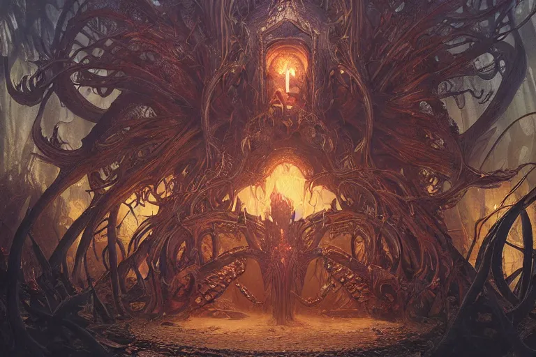 Image similar to a lovecraftian painting of a demonic shrine, occult, demon summoning, hell gate, cosmic horror elements, ultra realistic, concept art, intricate details, eerie, highly detailed, photorealistic, octane render, 8 k, unreal engine. art by artgerm and greg rutkowski and alphonse mucha