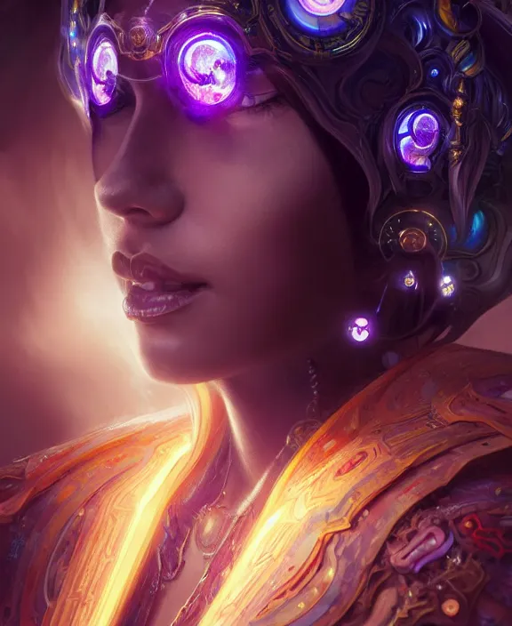 Image similar to a whirlwind of souls rushing inside the metaverse, half body, glowin eyes, tiara with sapphire, pharaoh, android, cyberpunk, d & d, fantasy, intricate, elegant, highly detailed, colorful, vivid color, digital painting, artstation, concept art, art by artgerm and greg rutkowski and alphonse mucha and ruan jia