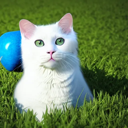 Image similar to a white cat paw holding a light blue apple, close up, with a field in the background, unreal engine