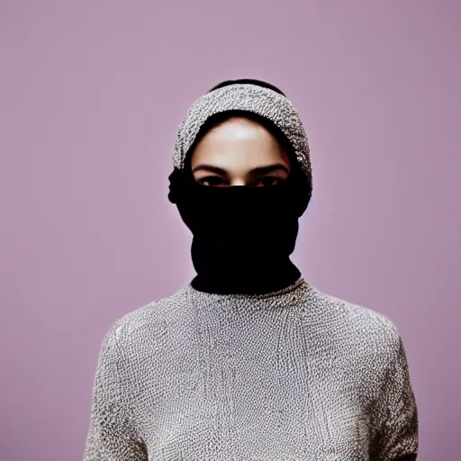 Prompt: realistic! photoshoot for a new dior lookbook, color film photography, portrait of a beautiful woman wearing a balaclava mask, photo in style of tyler mitchell, 35mm lens