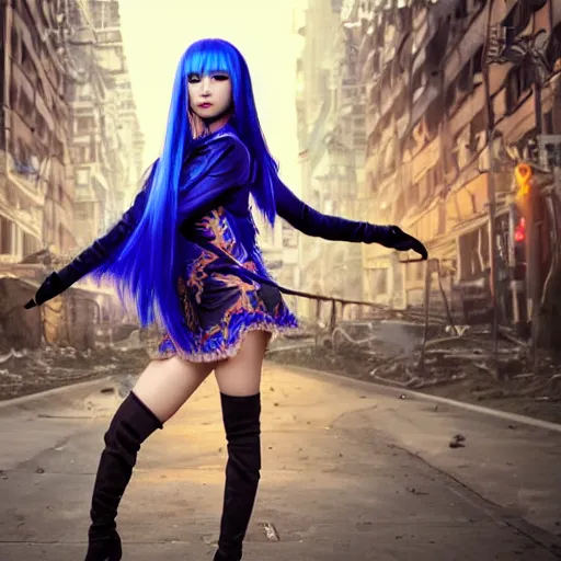 Prompt: breathtaking photo of an attractive young asian elf woman with pointy ears and blue hair, wearing a miniskirt and knee-high boots, crouching in an endlessly sprawling hazy abandoned city at night, realistic eyes, symmetry features proportions, intricate facial details, 8K