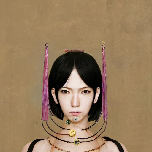 Image similar to An anime female goddess stands for a waist up portrait with her body sightly wrapped in thin gold wire creatively arranged so as to look like Emoji tattoos, in an empty Japanese Shoji home, hyper photo realistic 8K HD HDRI, photo by Annie Leibovitz.