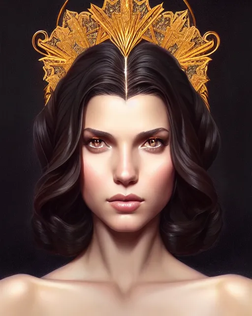 Image similar to symmetry portrait of brunette princess, glam, deco, glowing skin, intricate, elegant, highly detailed, digital painting, artstation, concept art, smooth, sharp focus, illustration, art by artgerm and greg rutkowski and fra angelico and unreal engine 5