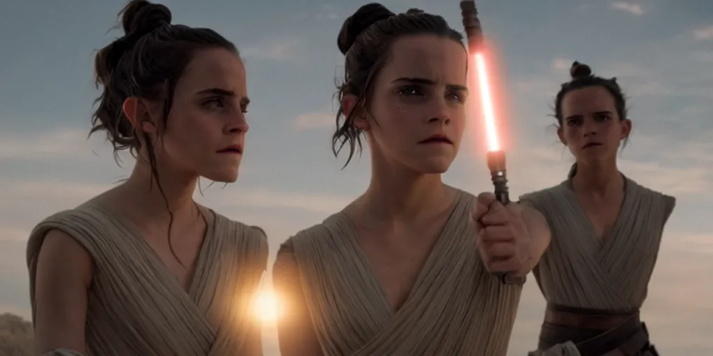 Prompt: emma watson as rey in the new star wars movie, cinematic, detailed, lens flare