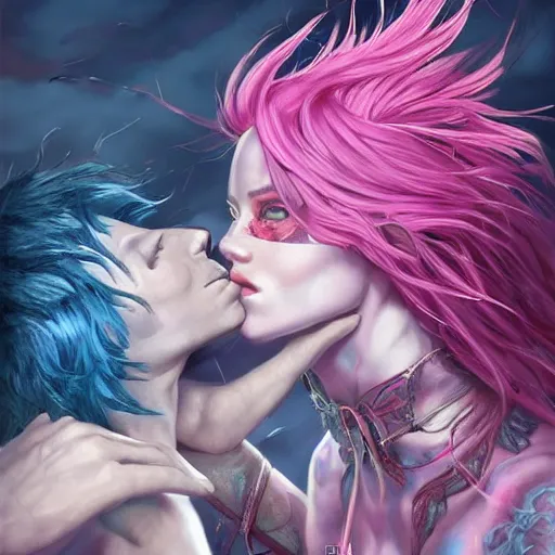 Prompt: fierce warrior mage kissing warrior angel with pink hair, blue piercing eyes, mystery, beautiful aesthetic, by james jean, trending on artstation, ultra realistic, iso 4 0 0, f - stop 2