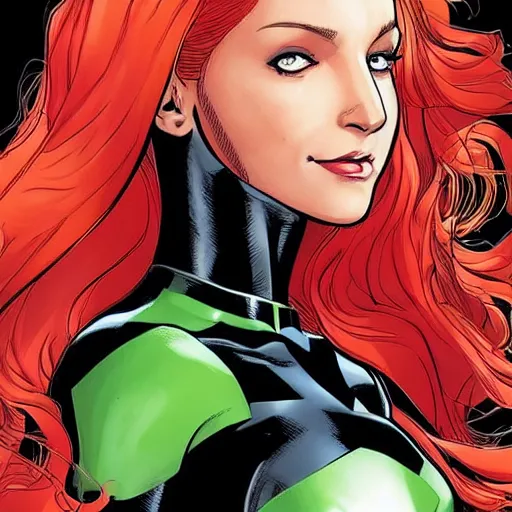 Prompt: Portrait of Jean Grey, a beautiful woman in her 30s, with red hair and green eyes, symmetrical face, detailed features, artstation, graphic novel, art by Ardian Syaf and Chris Bachalo and Olivier Coipel and Pepe Larraz,