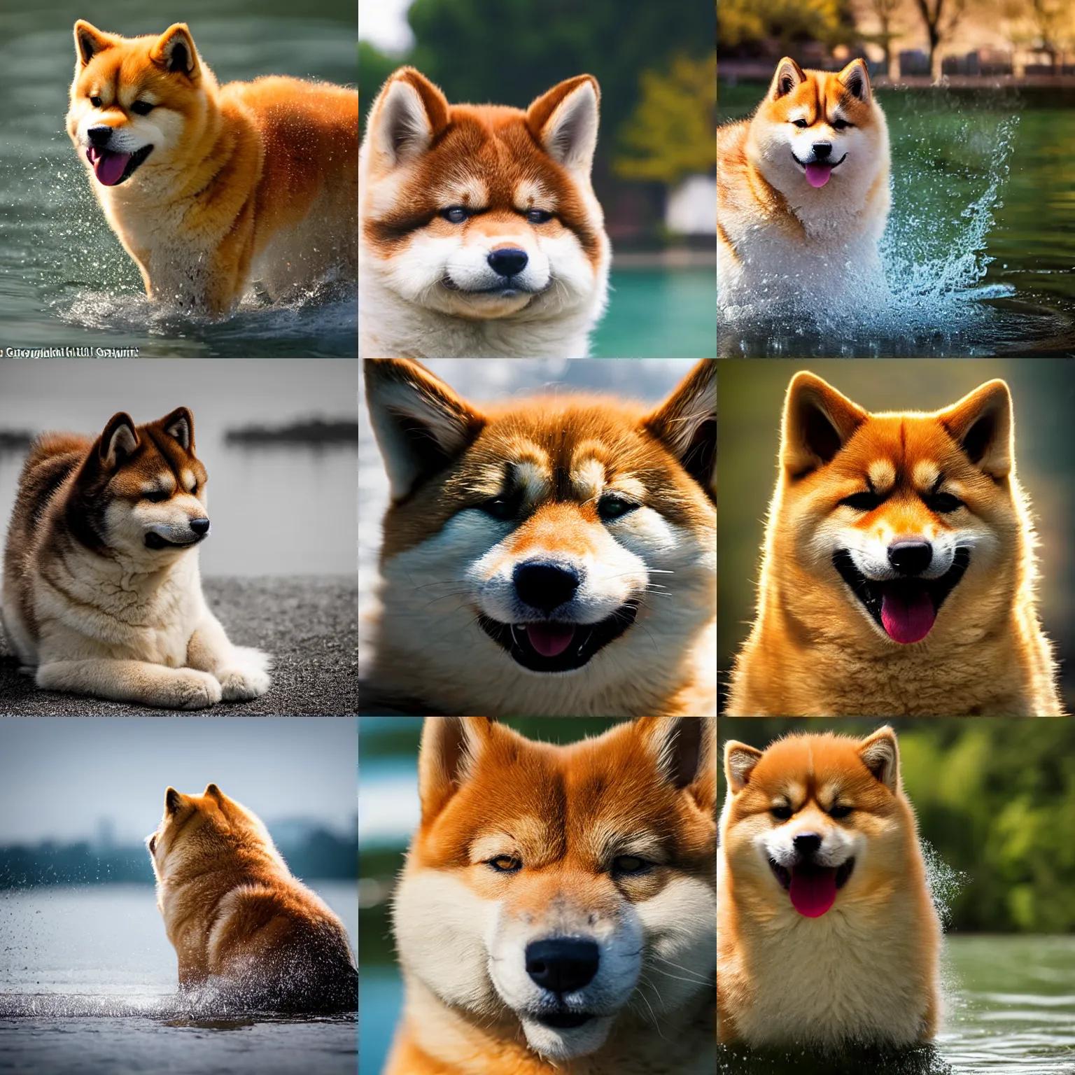 Image similar to Close up portrait of a big fluffy cat mixed with a shiba inu, award winning photograph, 50 mm lens and f/12.0, fast shutter speed of water floating in the air