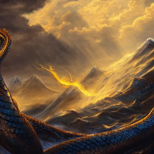 Image similar to a landscape painting of a golden serpent dragon winding through the air in a mountain range, snowy mountains, intimidating clouds, ultrawide angle, depth of field, in a luminist style, 4 k, artstation