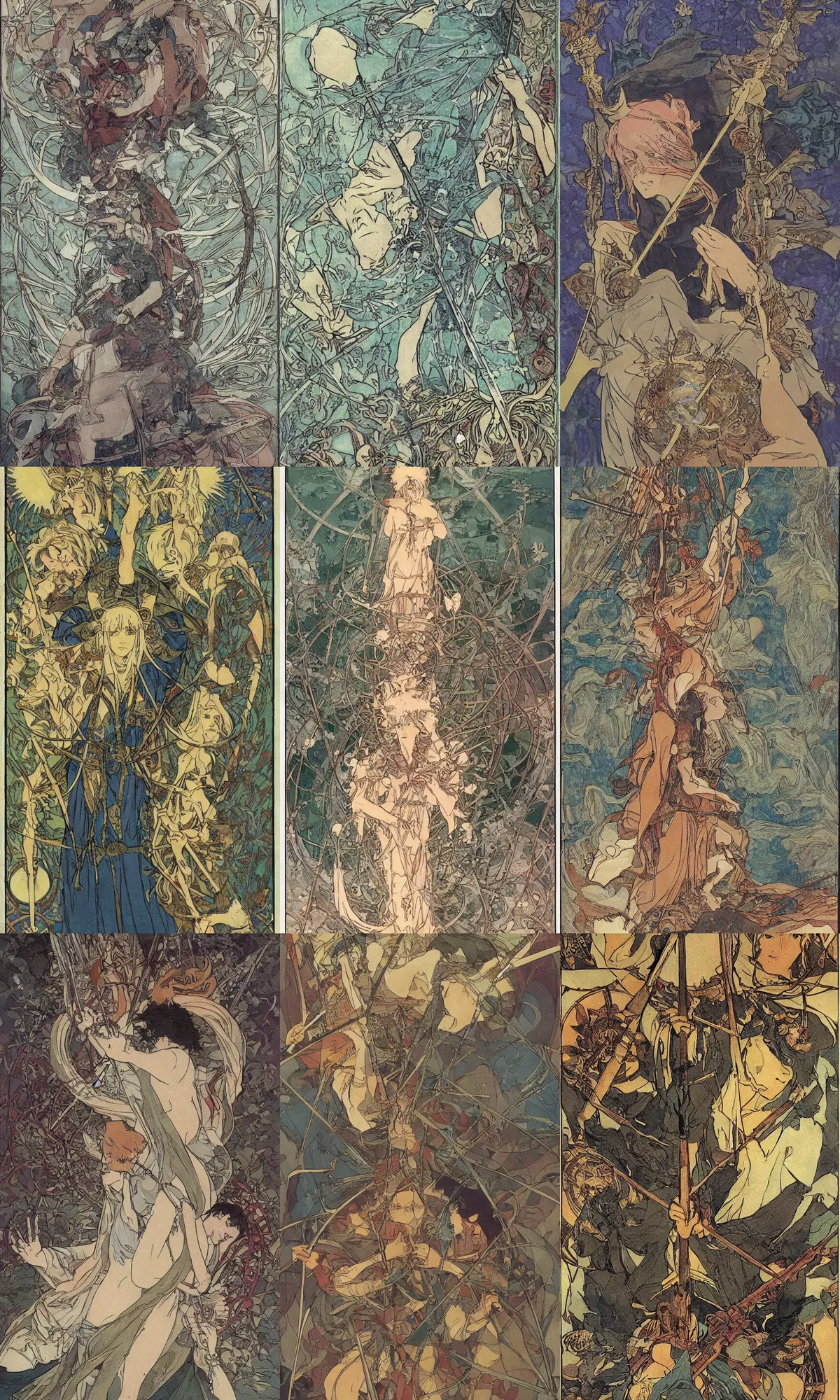 Prompt: tarot card, 3 swords. the three of swords shows a heart pierced by three swords, dark clouds gathering in the background. heartbreak, emotional pain, sorrow, grief, hurt, negative self - talk, releasing pain, optimism, forgiveness. art by mucha, studio ghibli, anime, manga