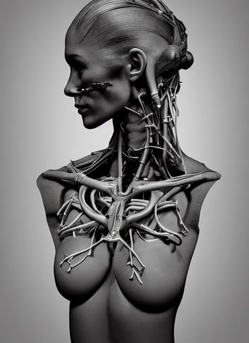 Image similar to a bust sculpture of anatomical detailed cyborg, meghan markle, blue blood, become human, ceramic base, orthographic, studio lighting