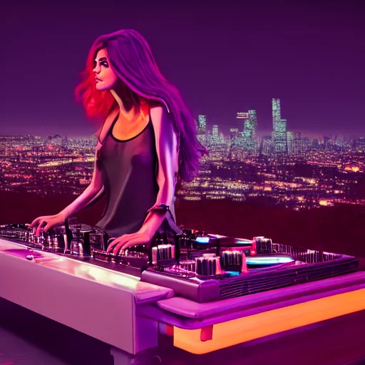 Prompt: photographic masterpiece of a dj woman, long dark purple hair, focus eyes, neon lights, city skyline in the background, summer night, canon 50mm, 1.8 aperture, artstation, by Danny Batista