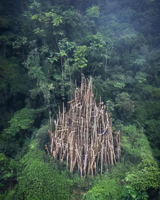 Prompt: photo of a beautiful heavenly kingdom built with sticks and stones in the deep jungle, misty godrays