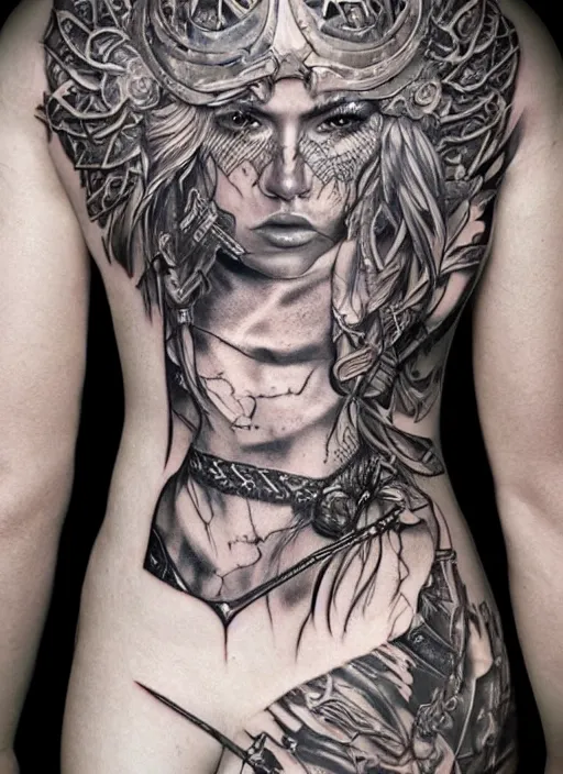 Image similar to tattoo design of a hyper - realistic beautiful girl warrior, hyper detailed, in the design of eliot kohek, white background