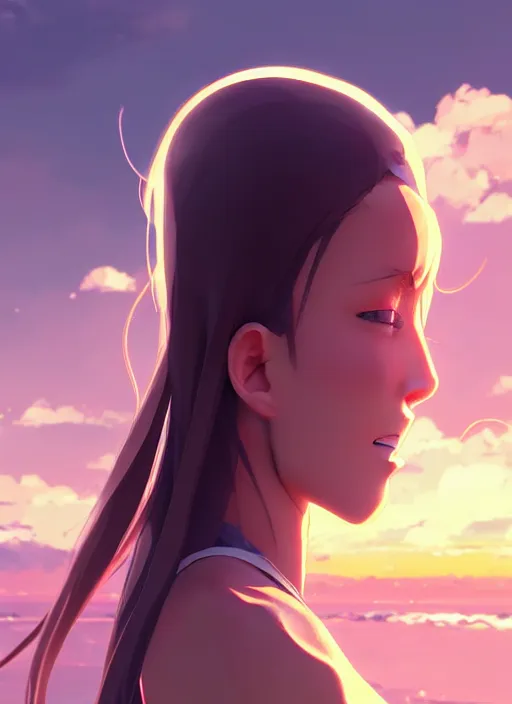 Prompt: side portrait of cute girl, sunset sky in background, beach landscape, illustration concept art anime key visual trending pixiv fanbox by wlop and greg rutkowski and makoto shinkai and studio ghibli and kyoto animation, futuristic wheelchair, symmetrical facial features, future clothing, volumetric lighting, backlit