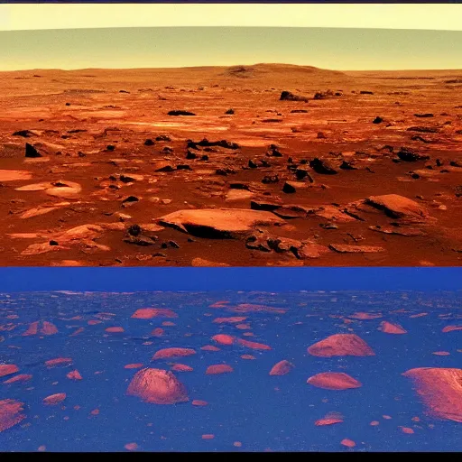 Image similar to mars landscape, surreal, in the form of a triptych, astronaut standing in the middle waving the samoa flag