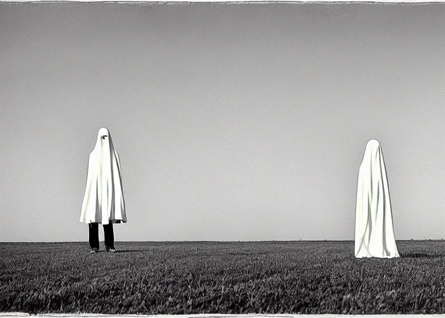 Image similar to white sheet ghost standing in an empty field, by jean charlot