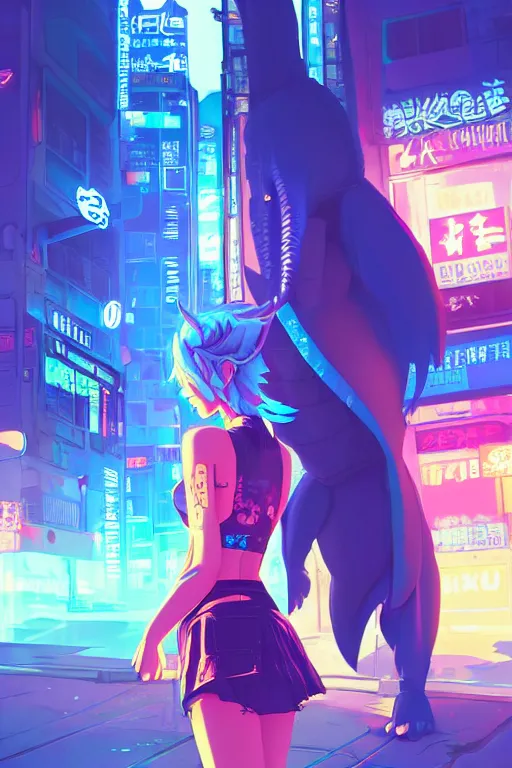 Prompt: digital illustration of cyberpunk pretty girl with blue hair, wearing a short mini skirt and tank top, with a cyberpunk dragon in city street at night, by makoto shinkai, ilya kuvshinov, lois van baarle, rossdraws, basquiat