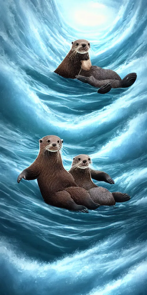 Image similar to An adorable Otter saving his wife from the whirlpool, in love holding hands side by side, in the middle of a super scary storm at sea, thunder, lightning, waves, fantasy illustration, cinematic, award winning, romantic, detailed trending on artstation, masterpiece