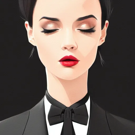 Prompt: young female in black tuxedo, corporate boss, luxury, muted colors, matte print, pastel colors, 2d, ultra highly detailed, smooth, sharp focus, digital art, digital painting, fan art, elegant, artstation, head is centered, by Ilya Kuvshinov