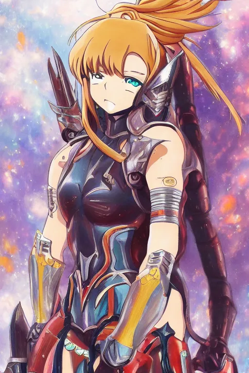 Image similar to a detailed painting in the style of anime of a galactic female warrior in armor