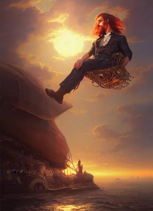 Image similar to portrait painting of a handsome face rugged long hair crimson hair male capitain, top half portrait soft hair steampunk ornate mechanical zeppelin blimp airship in the background sky sunset golden hour fantasy soft hair deviantart book cover art dramatic volumetric lighting art by wlop greg rutkowski gaston bussiere