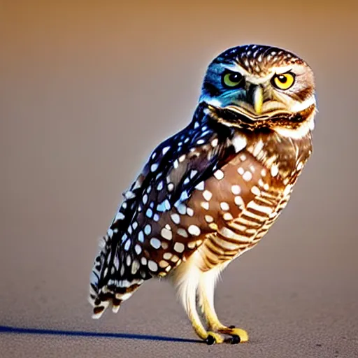 Prompt: a picture of a burrowing owl sitting with his legs splayed out to the sides